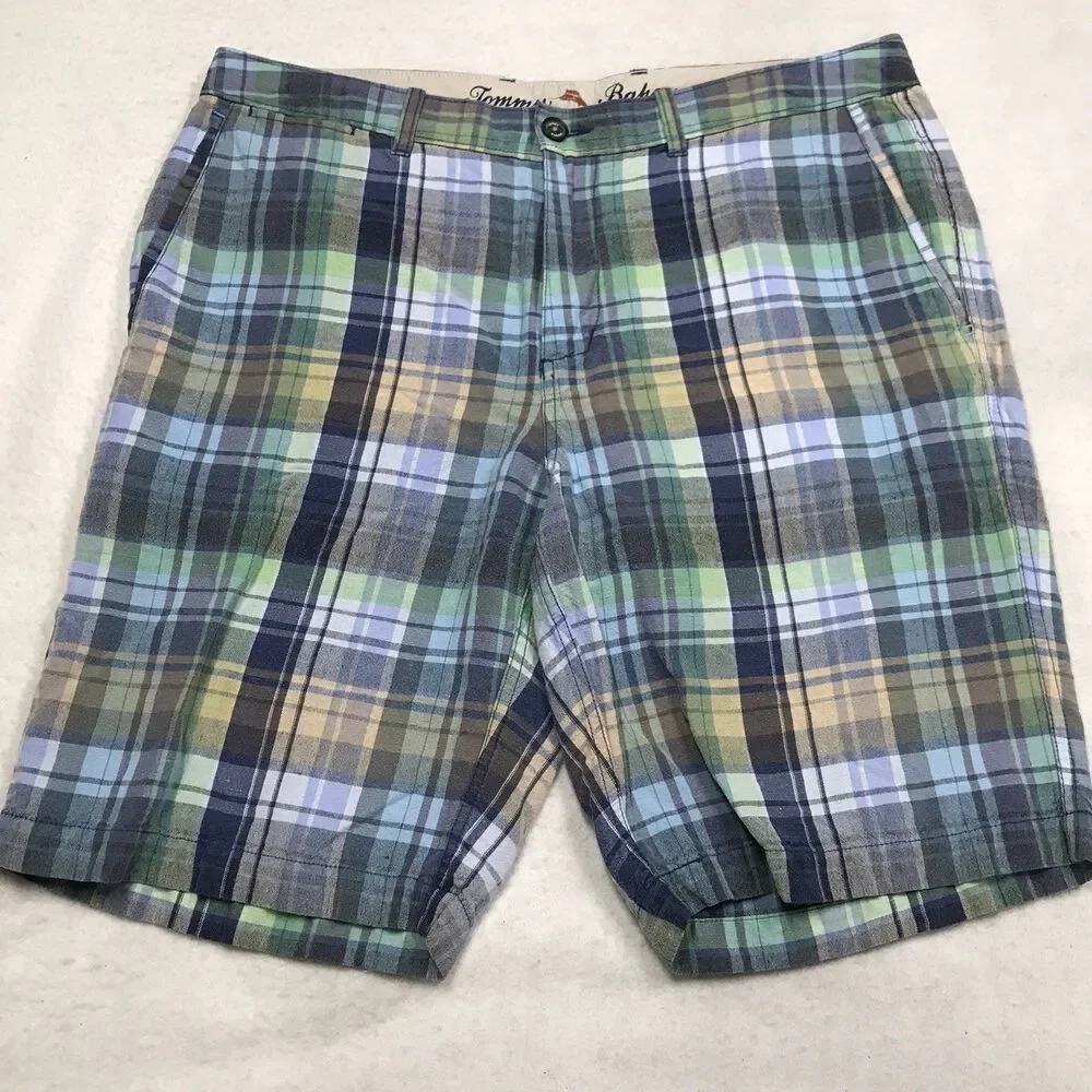 TOMMY BAHAMA Linen Blend Shorts Men 35-36 Turquoise Green Blue Plaid Beach